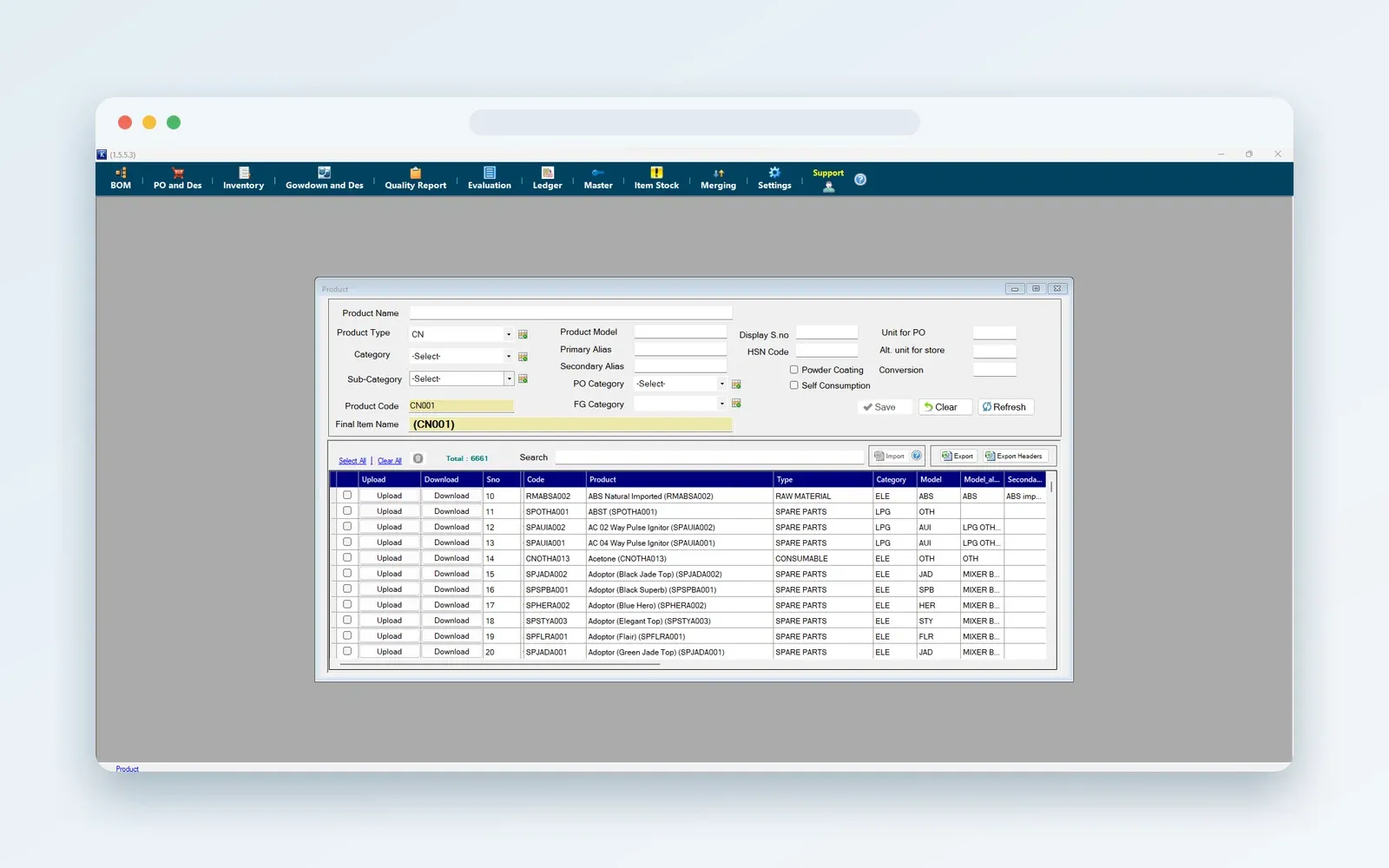 After: the ERP product master screen, with a menu for BOM, PO, inventory, quality report, ledger and item stock (names changed)