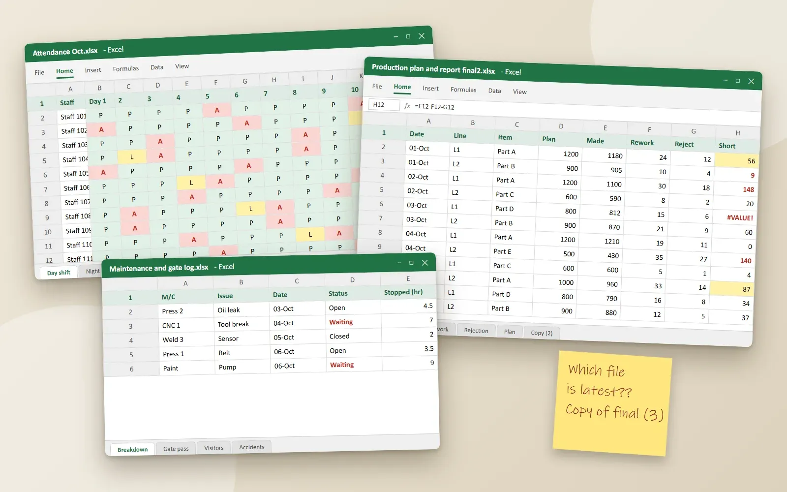 Before: several Excel files open at once, for attendance, production and maintenance (drawn example, no real data)